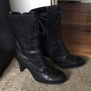 Black lace up, heeled boots